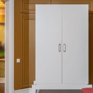 New Arrivals Sleek white wardrobe in a luxurious, modern interior with elegant wood paneling and decor.