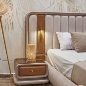 serenity oak & velvet bed